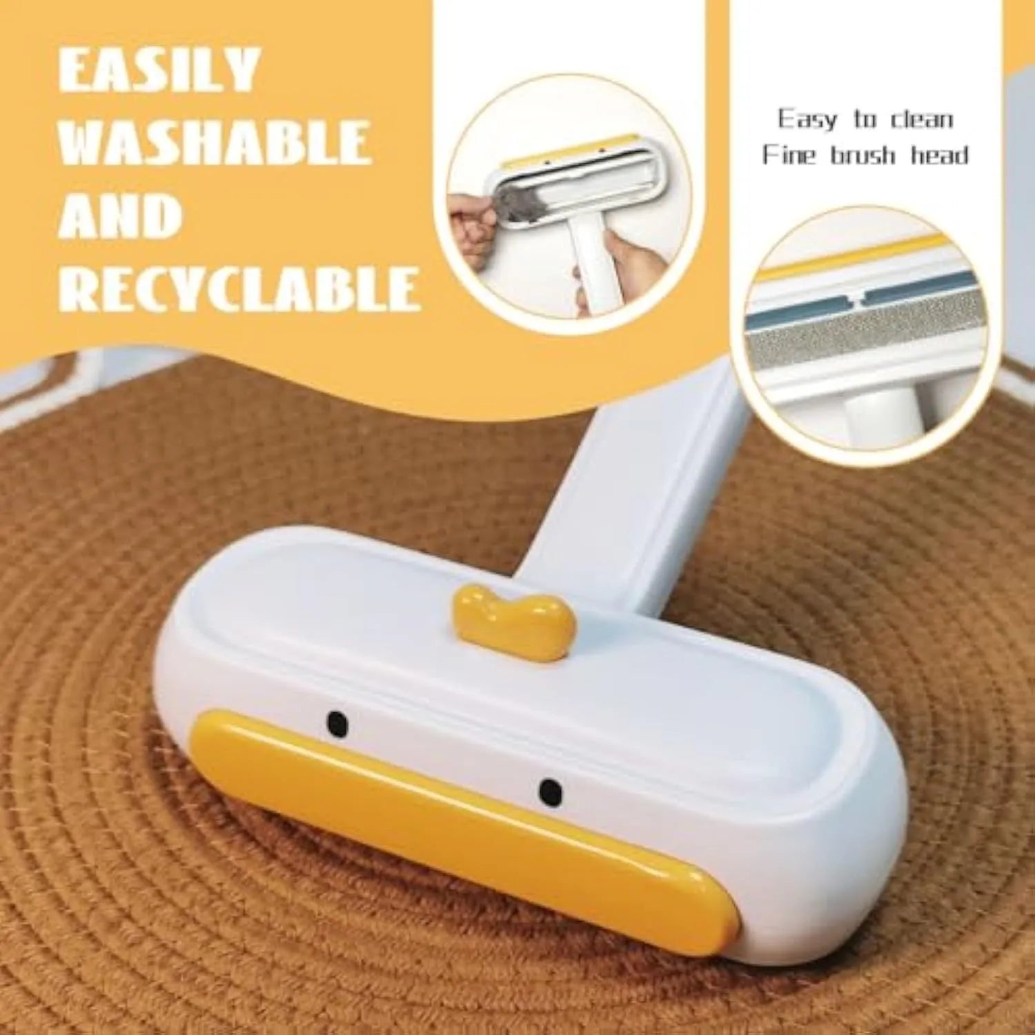 White portable pet hair remover roller with yellow duck design and polyester bristles for furniture and car seats