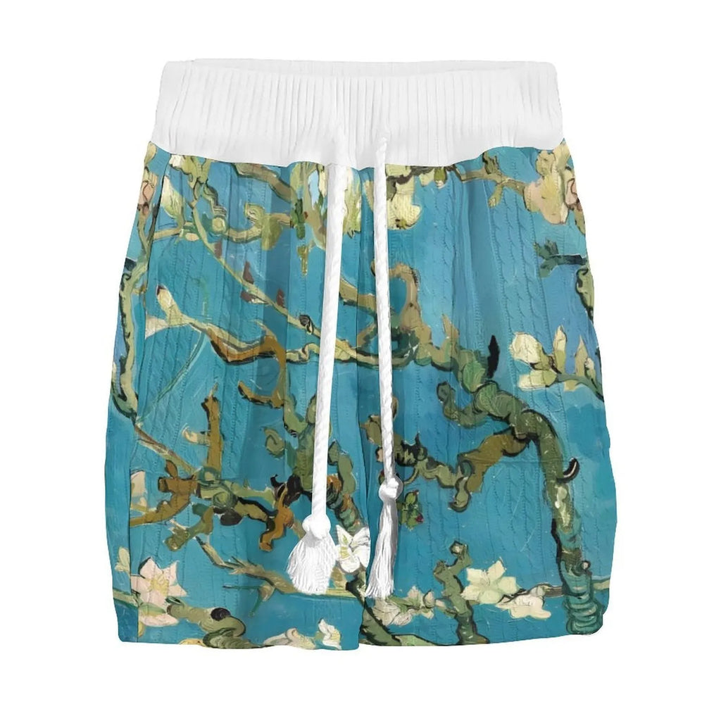 Men's peacock blue 3D printed knitted shorts suit with T-shirt and mid-length trousers