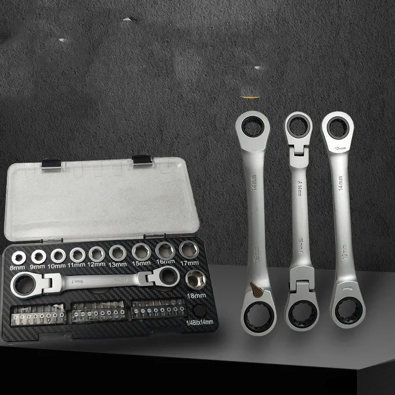 Dual-purpose ratchet wrench set with two-way mechanism, 10 sockets, and 3 batch heads on a workbench