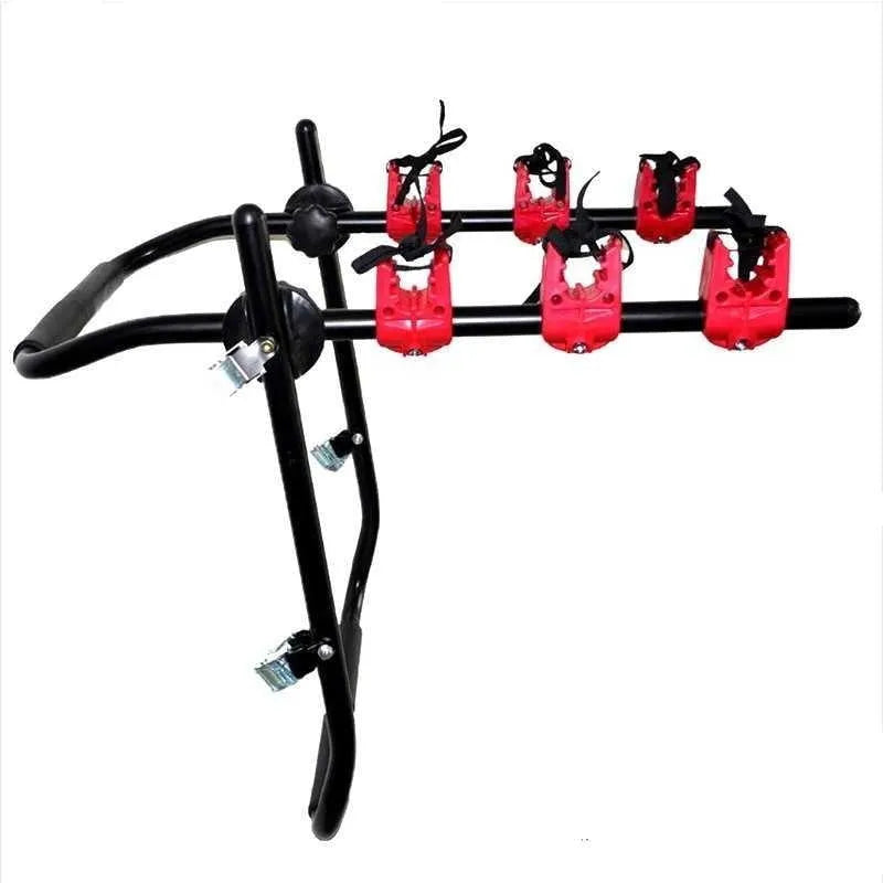 Black and red trunk mounted car bike holder rack showing tie rope and pull belt style options.