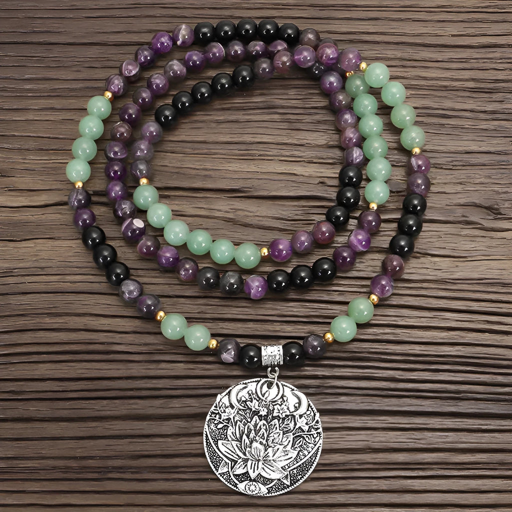 Yoga lotus pendant necklace and bracelet set with handmade stone beads and geometric alloy pendant