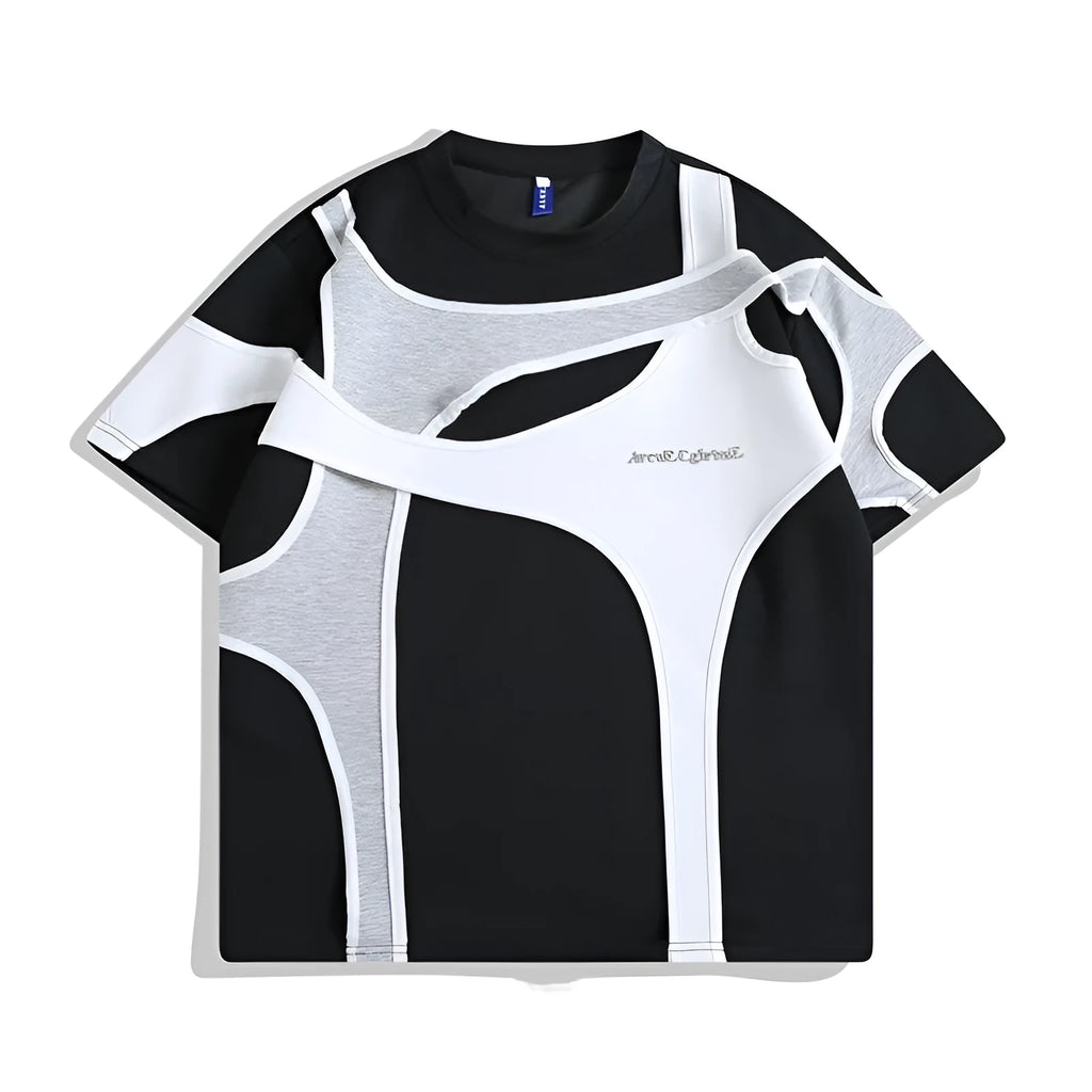 Black loose fit T-shirt with padded shoulders and a round neck on a white background