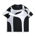 Black loose fit T-shirt with padded shoulders and a round neck on a white background
