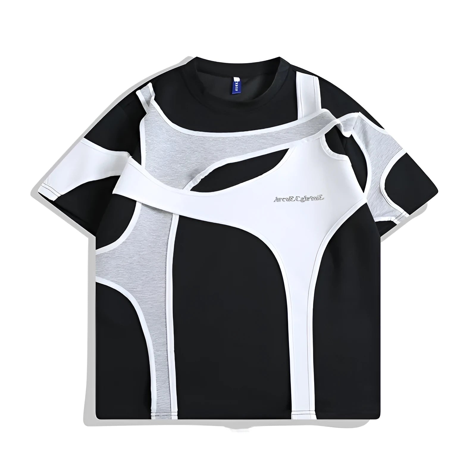 Black loose fit T-shirt with padded shoulders and a round neck on a white background