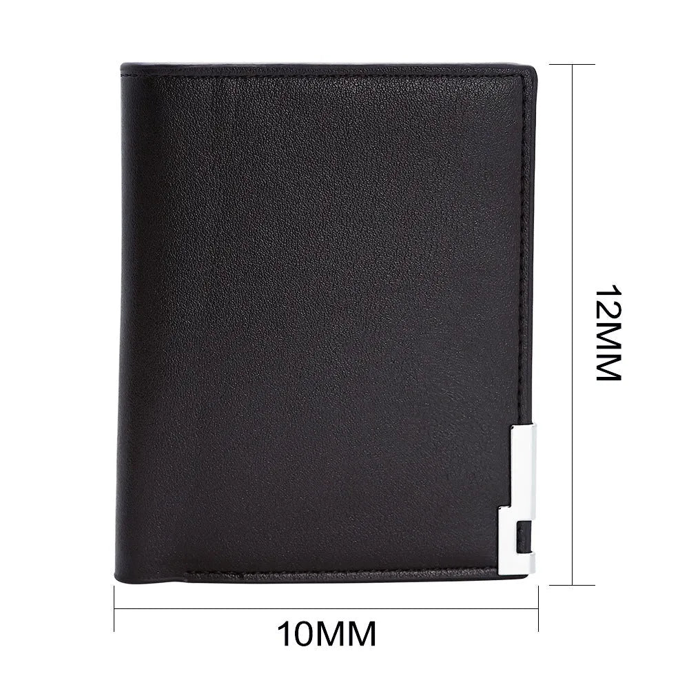 Men's leather wallet with a zipper closure, presented in individual packaging.