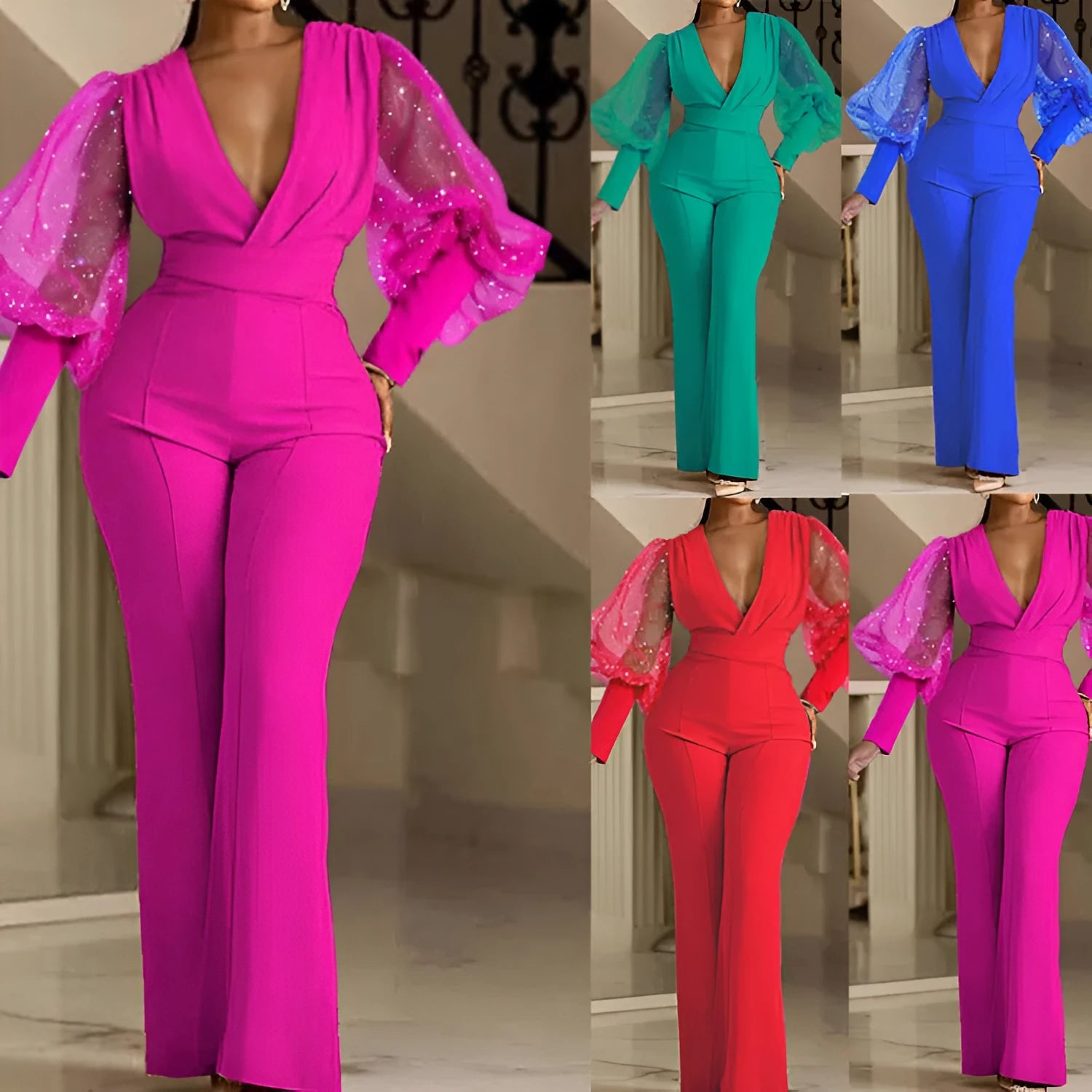 Red women's jumpsuit with mesh stitching on long sleeves, elastic waist, and wide leg trousers.