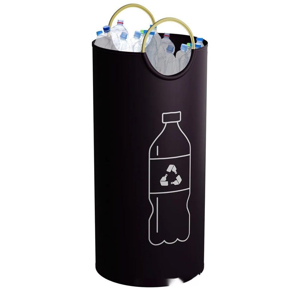 Round plastic portable waste bin measuring 38cm wide by 72cm tall, shown with a liner bag.