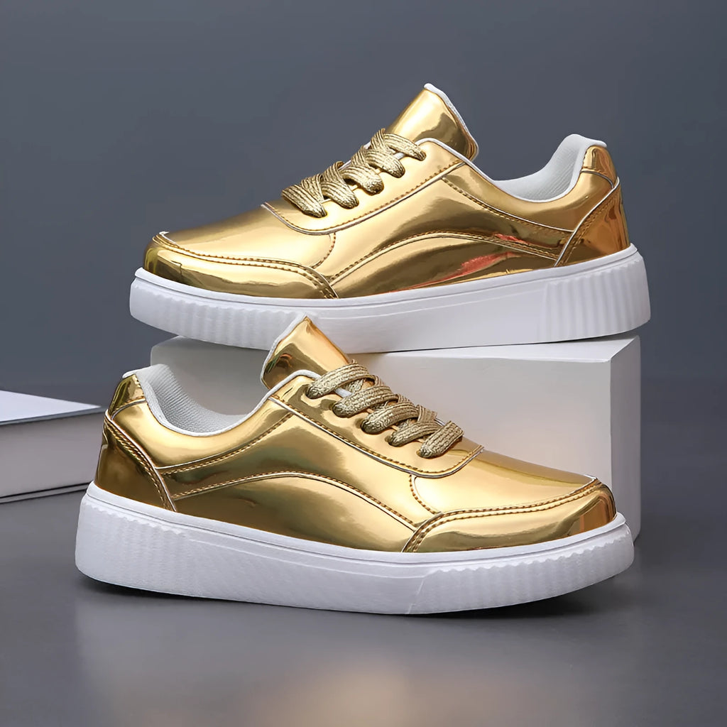 Rose gold and gold sequined platform sneakers with thick soles and round toe design