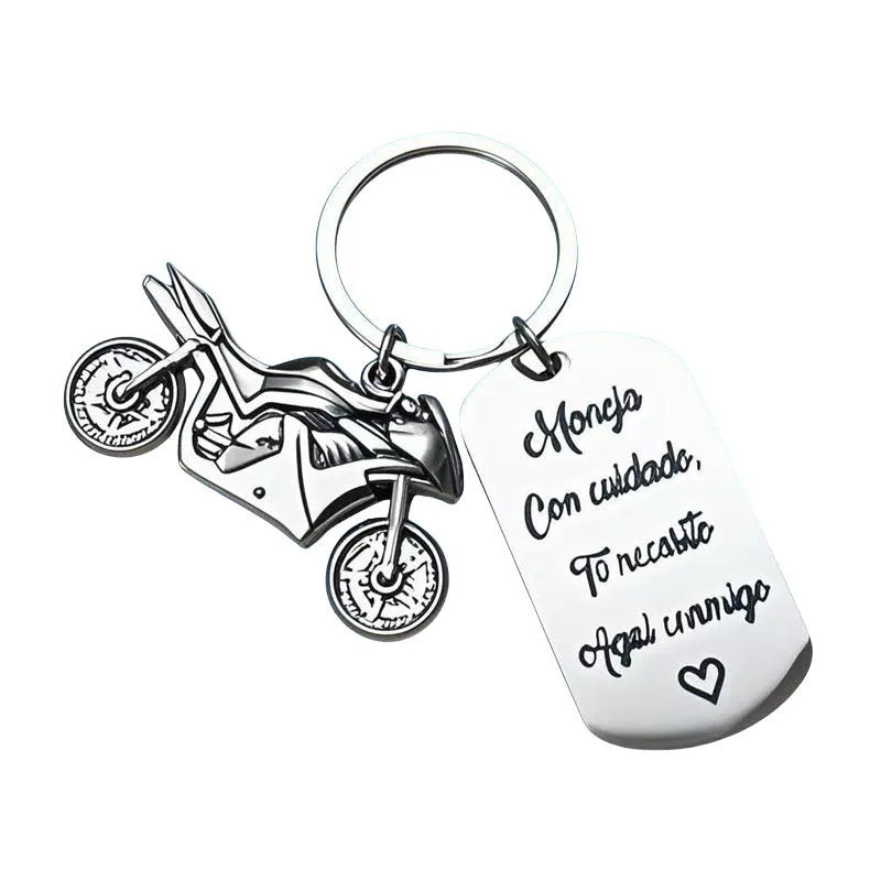 Stainless steel motorcycle keychain with engraving in a flannel bag