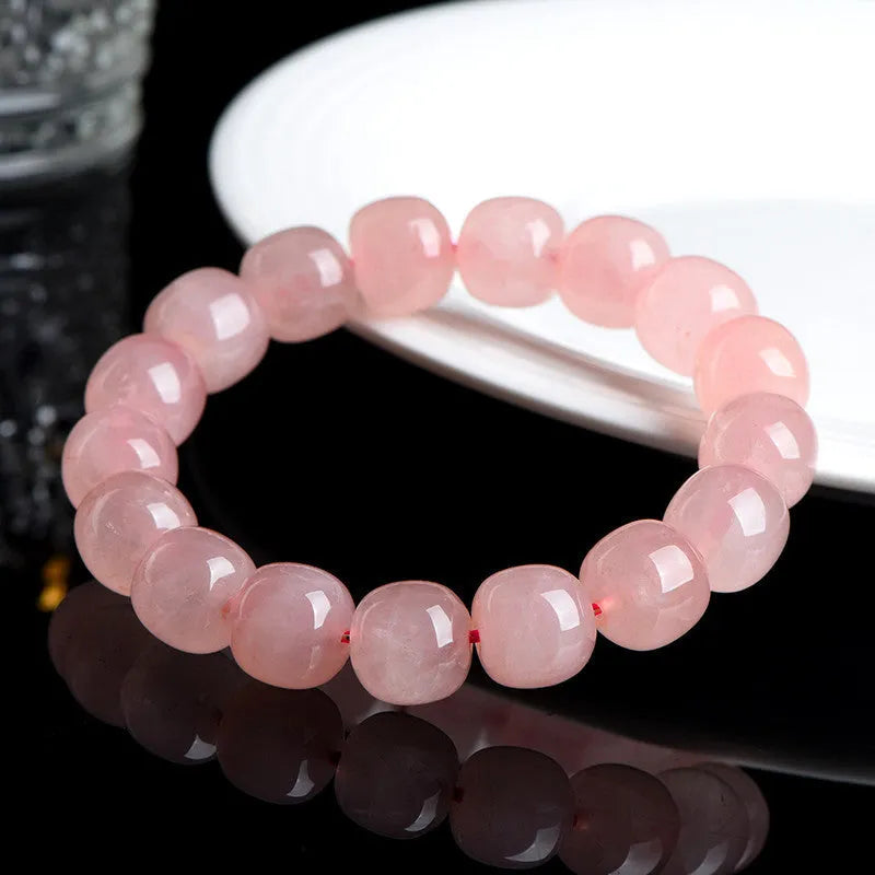 Pink natural crystal barrel bead bracelet with 8-10mm polished beads