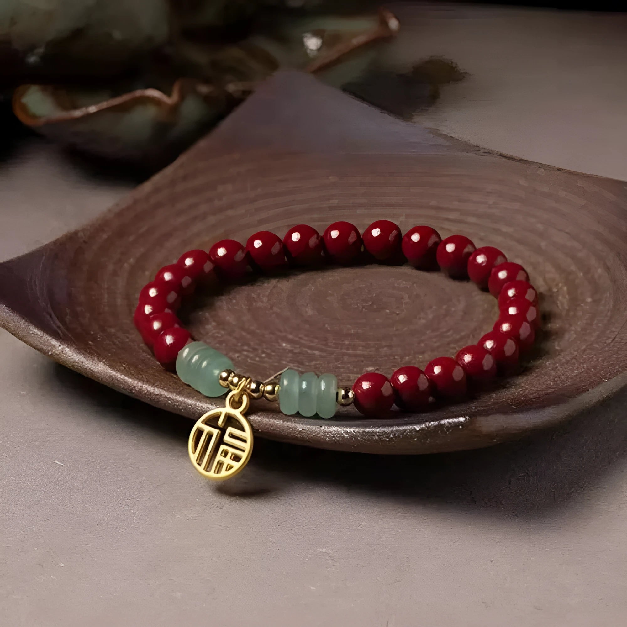 Wave-shaped bracelet with cinnabar segments and copper beads in national style design