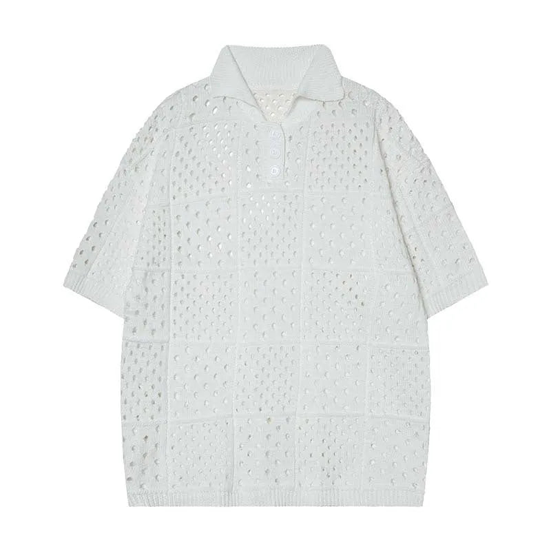 Short-sleeved knitting polo shirt with solid colour hollow design, loose cardigan style