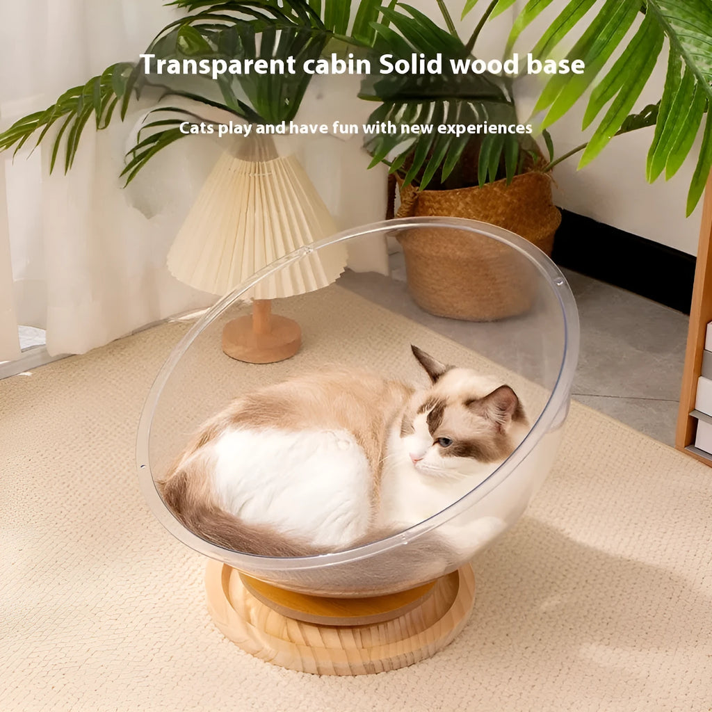 Transparent acrylic cat space capsule turntable with wooden base in cage setting