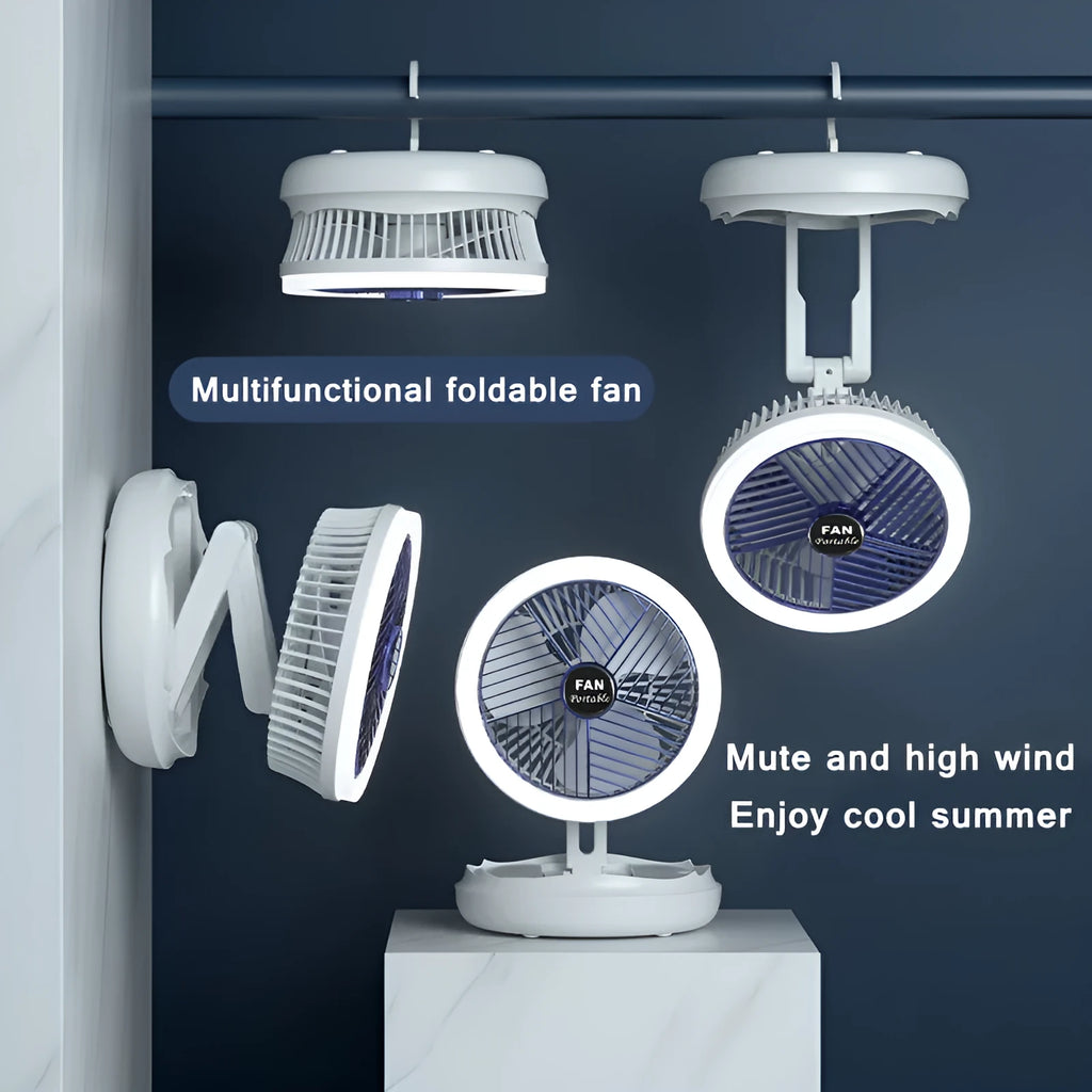 Blue or grey USB charging foldable table fan with LED light in desk, wall, ceiling or hanging configuration