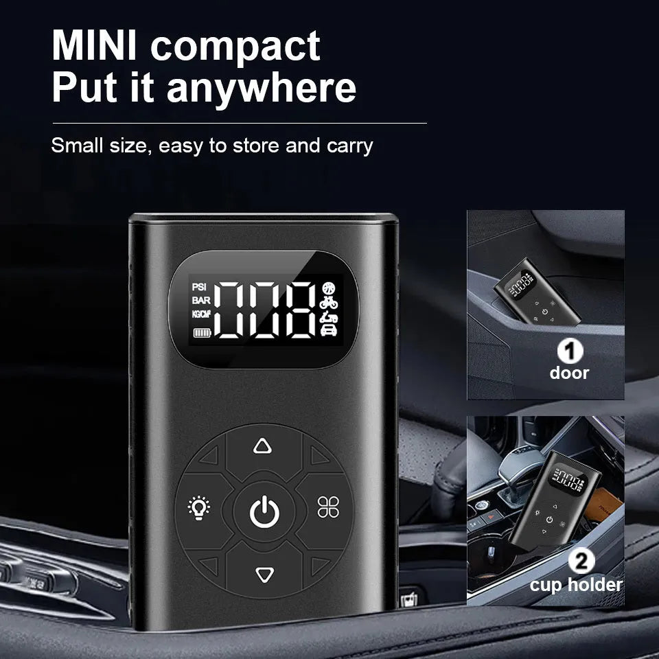 Black M09X portable power bank tyre inflator with digital display and 16cm air hose on a dark background.