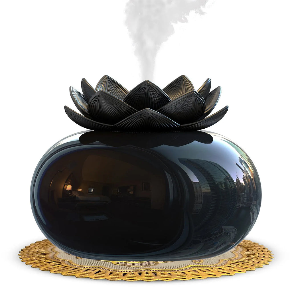 Pure black Lotus aromatherapy humidifier with USB port and mist outlet
