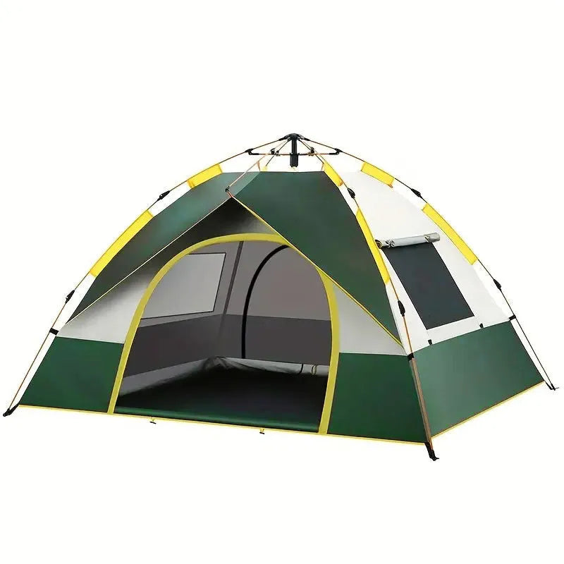 Dark green silver glue 3-4 person automatic quick open camping tent with glass fibre poles