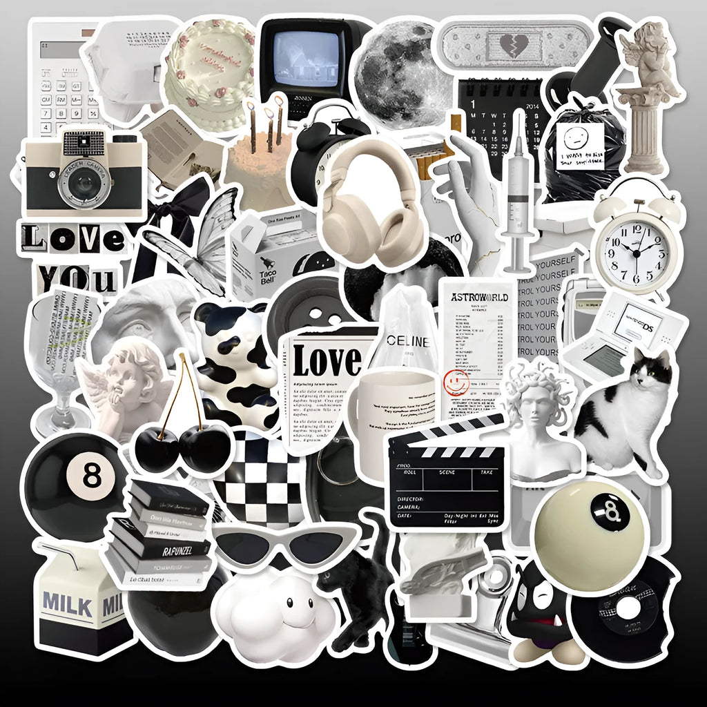61 black and white PVC waterproof vinyl stickers for laptops, phones, and luggage.
