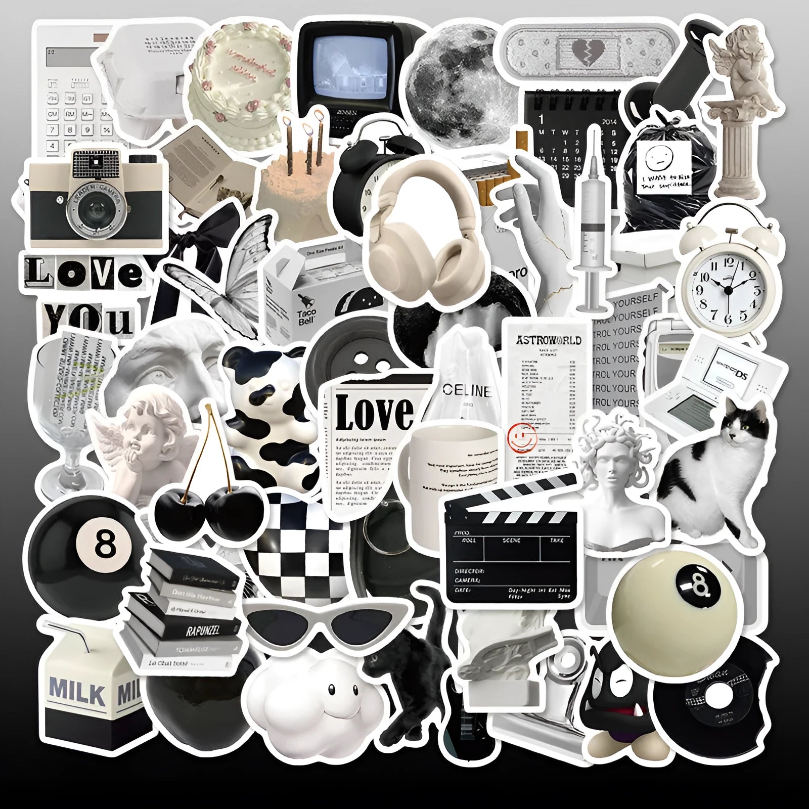 61 black and white PVC waterproof vinyl stickers for laptops, phones, and luggage.