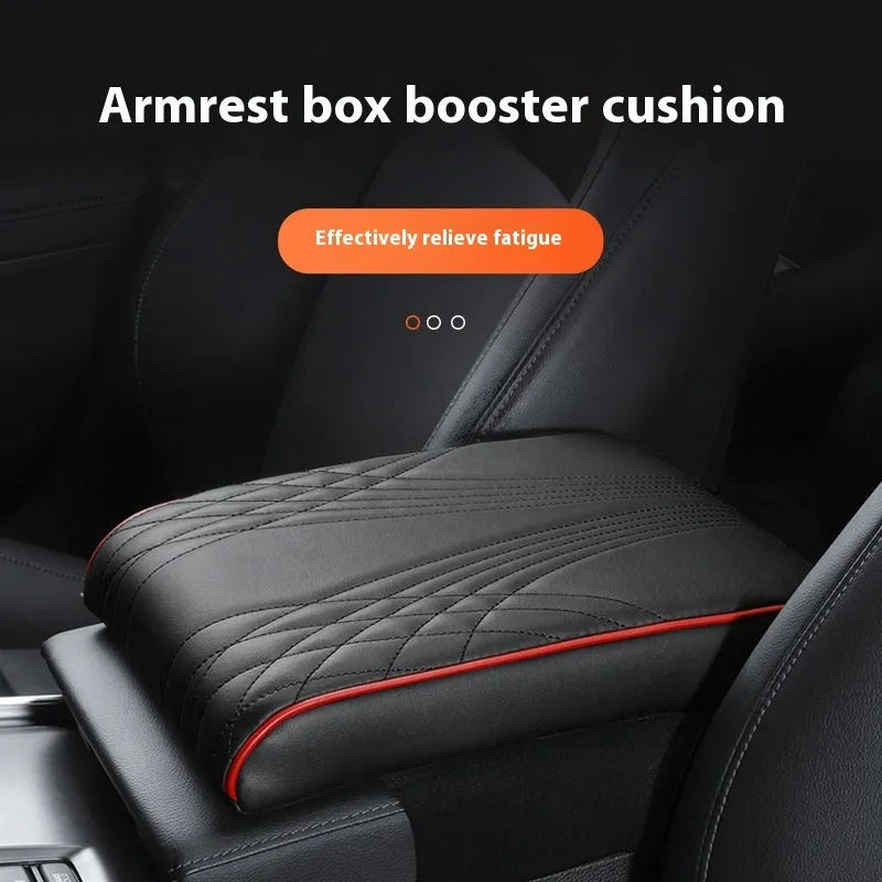 PU leather car armrest cover with heightening insole, black stripes, with pocket, on vehicle seat