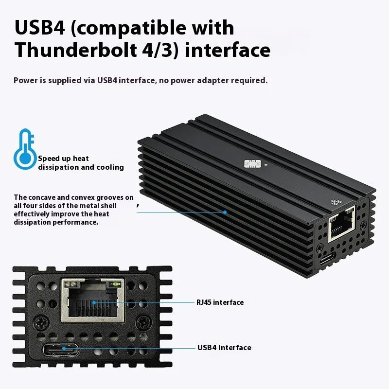 Black USB4 10G network adapter with RJ45 port and 20cm cable for Thunderbolt 3/4 devices