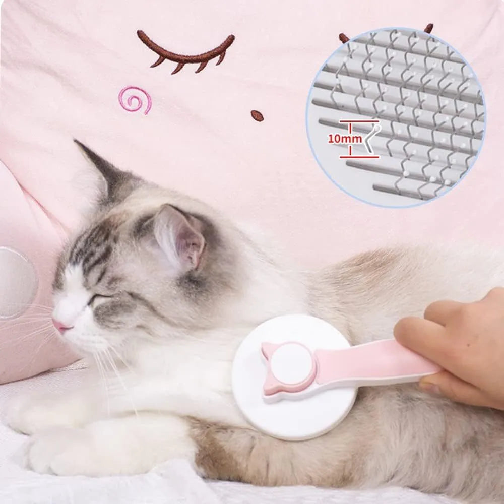 Blue self-cleaning cat grooming brush with rubber handle and metal pins, shown removing fur.
