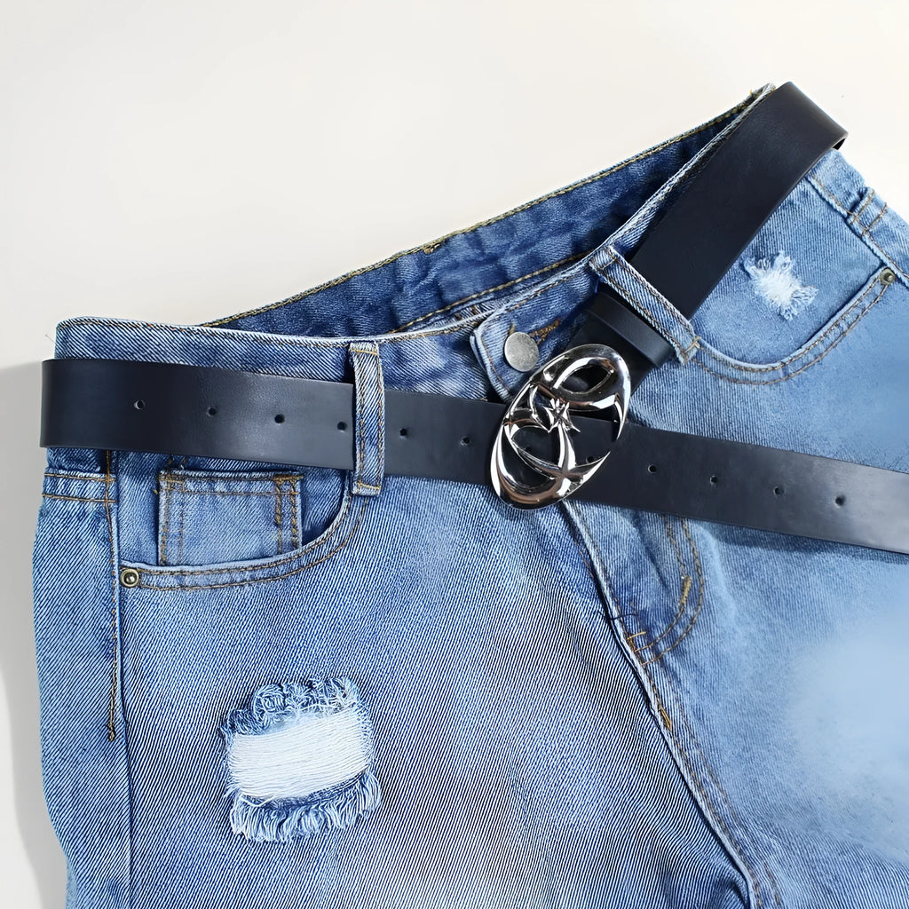 Casual silver buckle belt with snap button closure on PU leather strap
