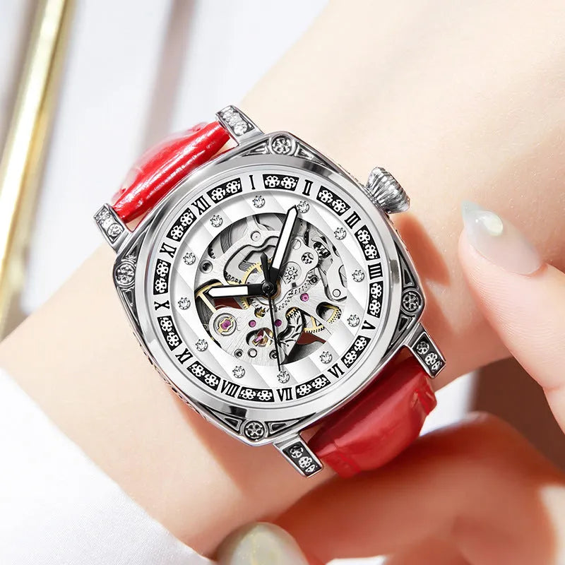 Leather strap mechanical watch with luminous hands in multiple colour options