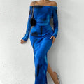 Women's printed pleated fishtail dress with square collar in gradient colour mesh fabric