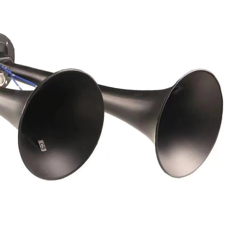 Black dual trumpet 12V 24V 300DB super loud air horn kit with compressor for vehicles