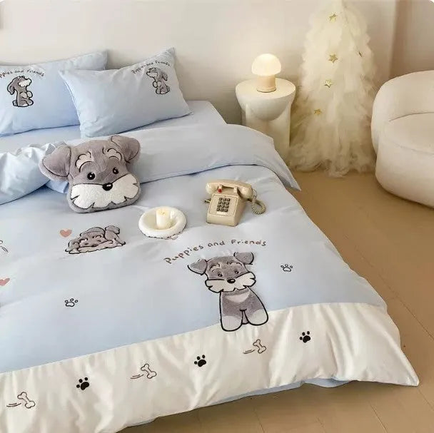 Cute Schnauzer cartoon pattern on thickened cotton quilt cover and pillow from a complete bedding set.