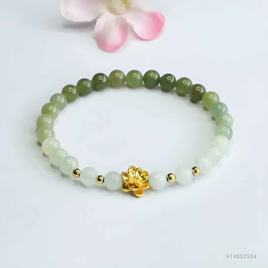 Ancient style Hetian jade bracelet with sunshine water gradient colour and flower-shaped beads