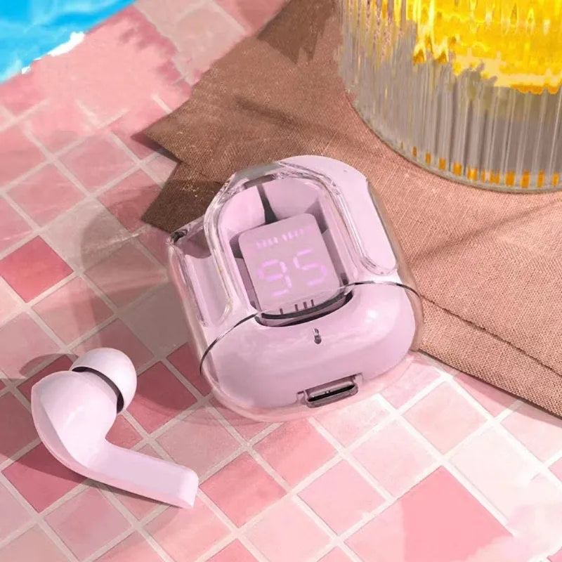 Space capsule transparent case Bluetooth earphones with digital display screen in five colour options
