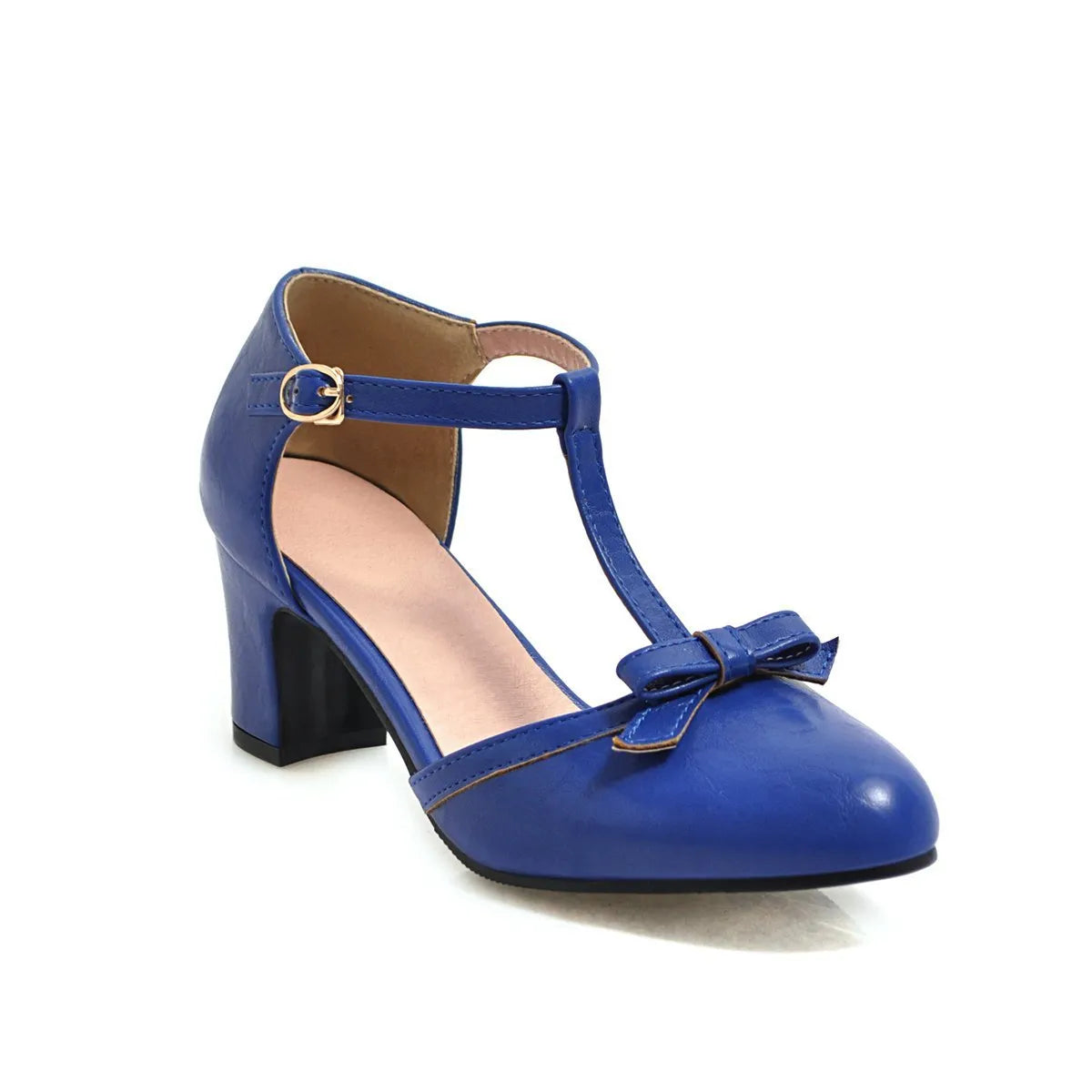 Women's apricot chunky heel sandals with a bow detail and hollow-out sides on a white background.