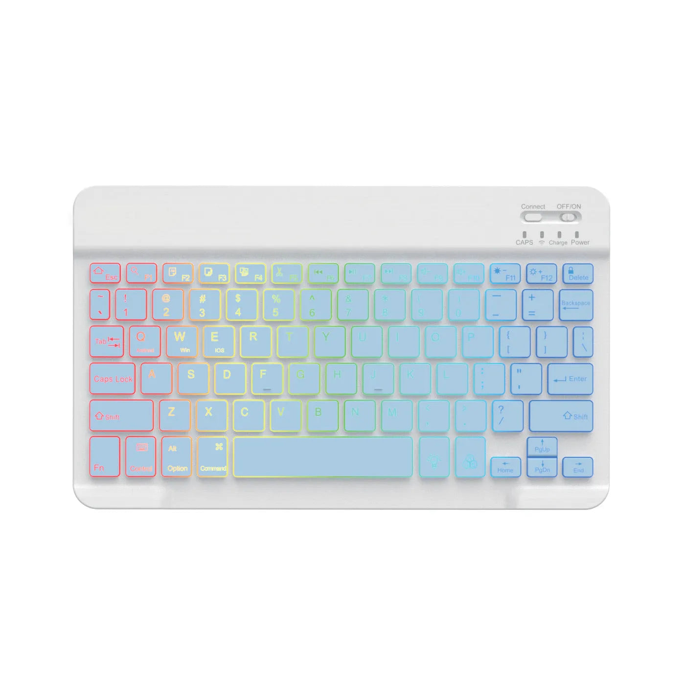 10-inch wireless Bluetooth keyboard with colourful backlit keys shown in a selection of case colours.