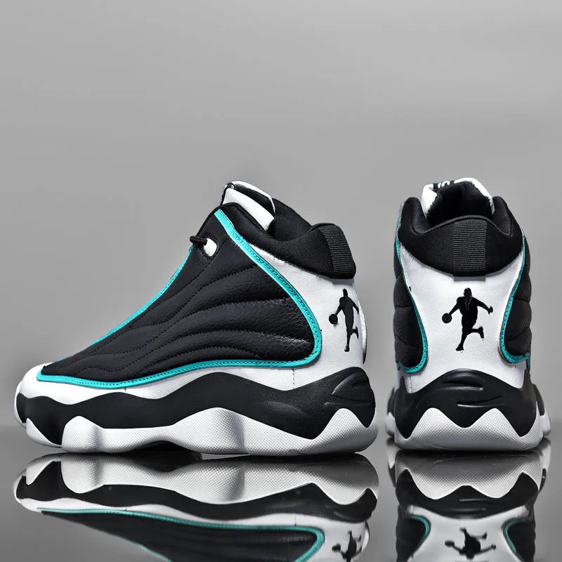 Men's high-top basketball shoes in AJ13 colourways with mesh upper and rubber sole.