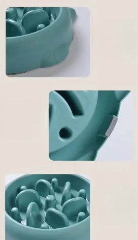 Green bone-shaped slow feeder bowl for dogs with raised maze pattern inside