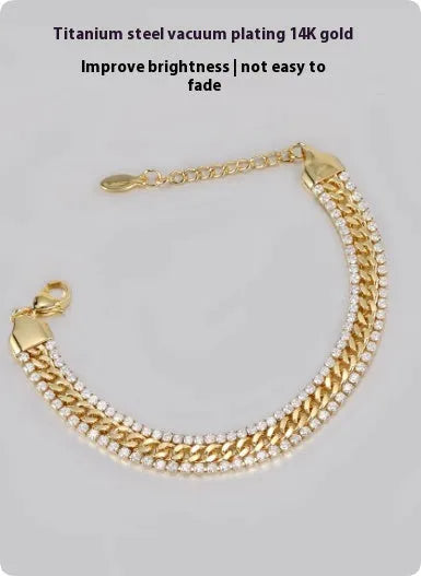 Gold electroplated tennis bracelet with artificial gemstones on titanium steel chain, European American hip hop style unisex jewellery