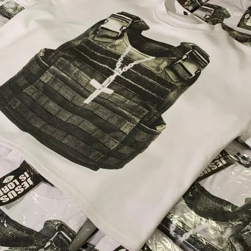 Printed cotton short sleeve T-shirt with drop-shoulder design in retro street style