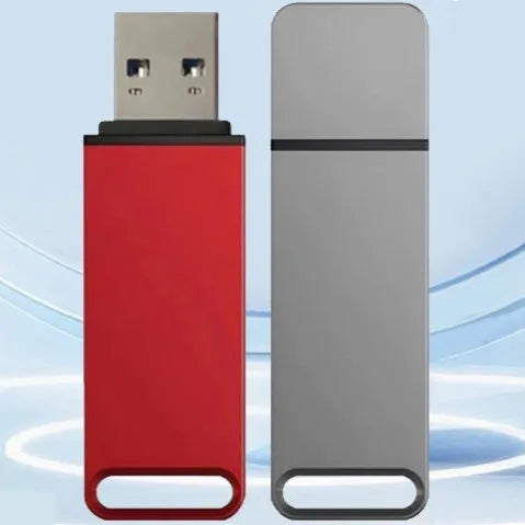 Customisable metal USB flash drive in black, red, and silver colours showing capacity options.