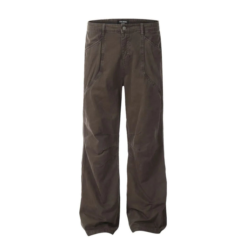 Men's loose straight-leg cotton trousers in brown with high-waist design and straight leg opening