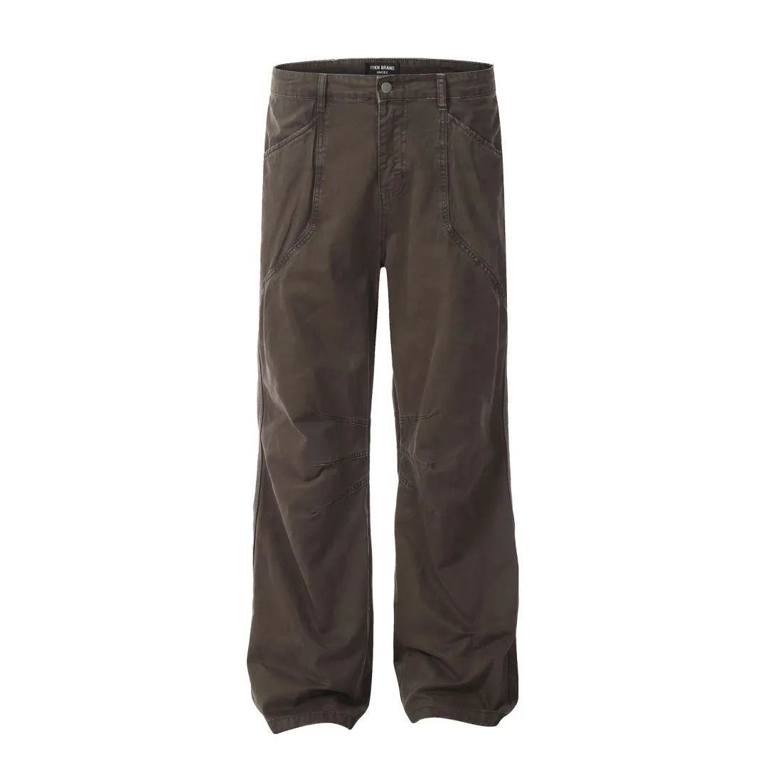 Men's loose straight-leg cotton trousers in brown with high-waist design and straight leg opening