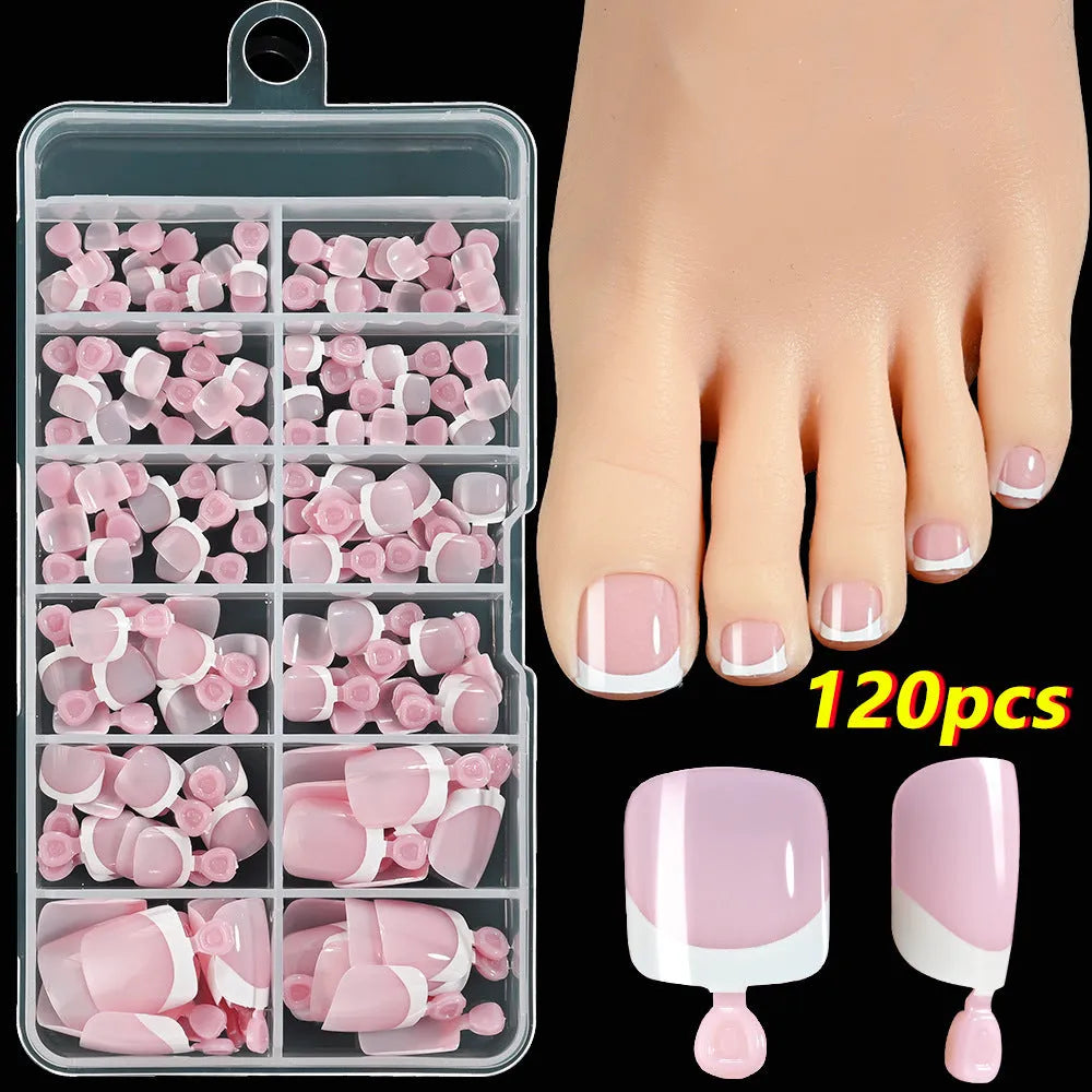 120 piece box of French white edge nude artificial toenails in nine shades, square short shape for toes.