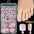 120 piece box of French white edge nude artificial toenails in nine shades, square short shape for toes.