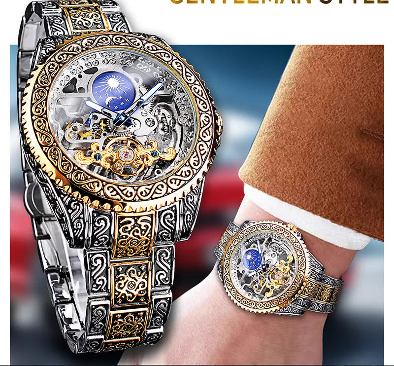 Forsining skeleton carved tourbillon mechanical watch with stainless steel case and band