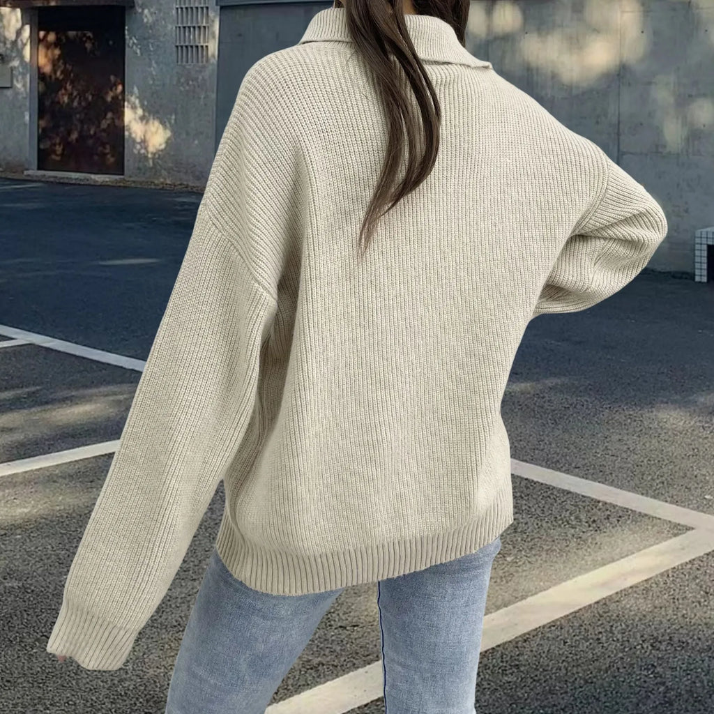Women's alpaca wool pullover sweater with oblique zipper, loose lapels, and retro turtleneck design in light khaki colour