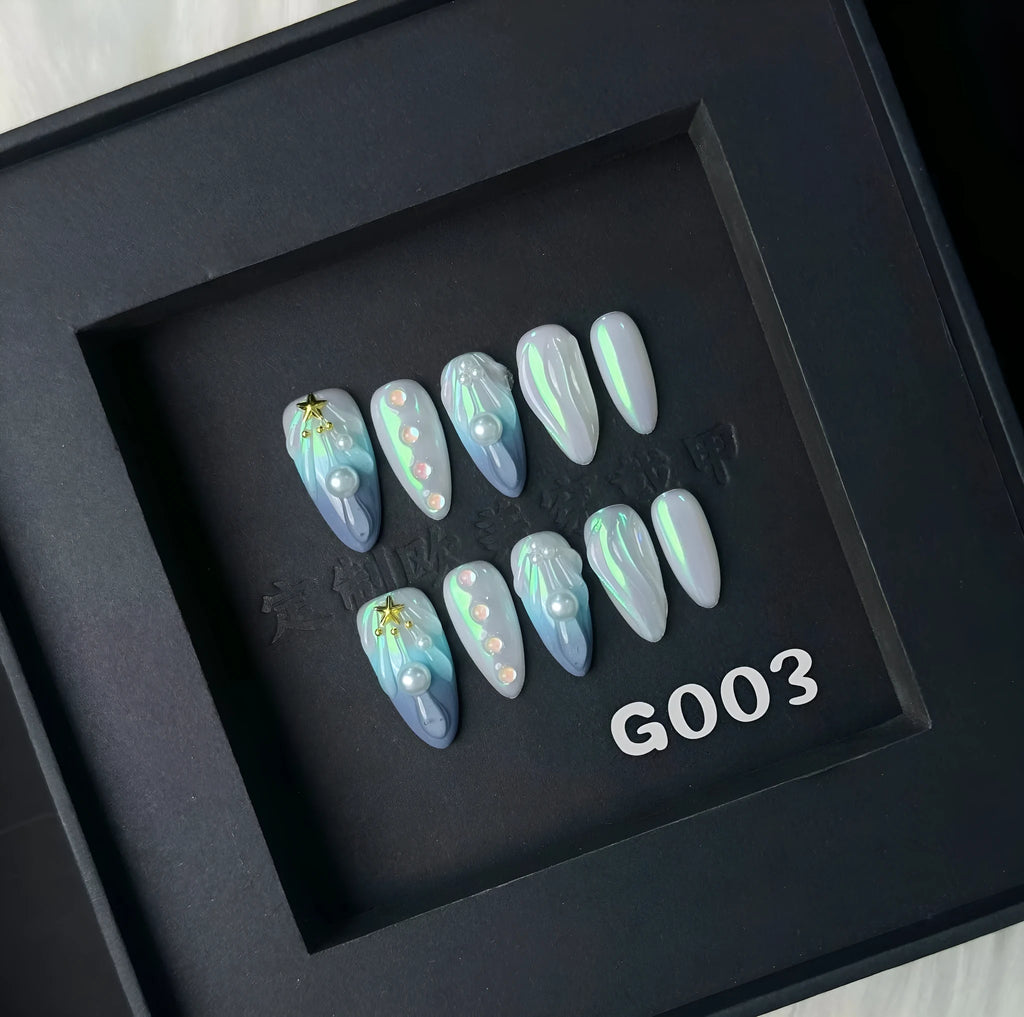 HAILANG blue shell pattern plastic artificial nail tips set showing sizes XS, S, M, L