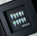 HAILANG blue shell pattern plastic artificial nail tips set showing sizes XS, S, M, L