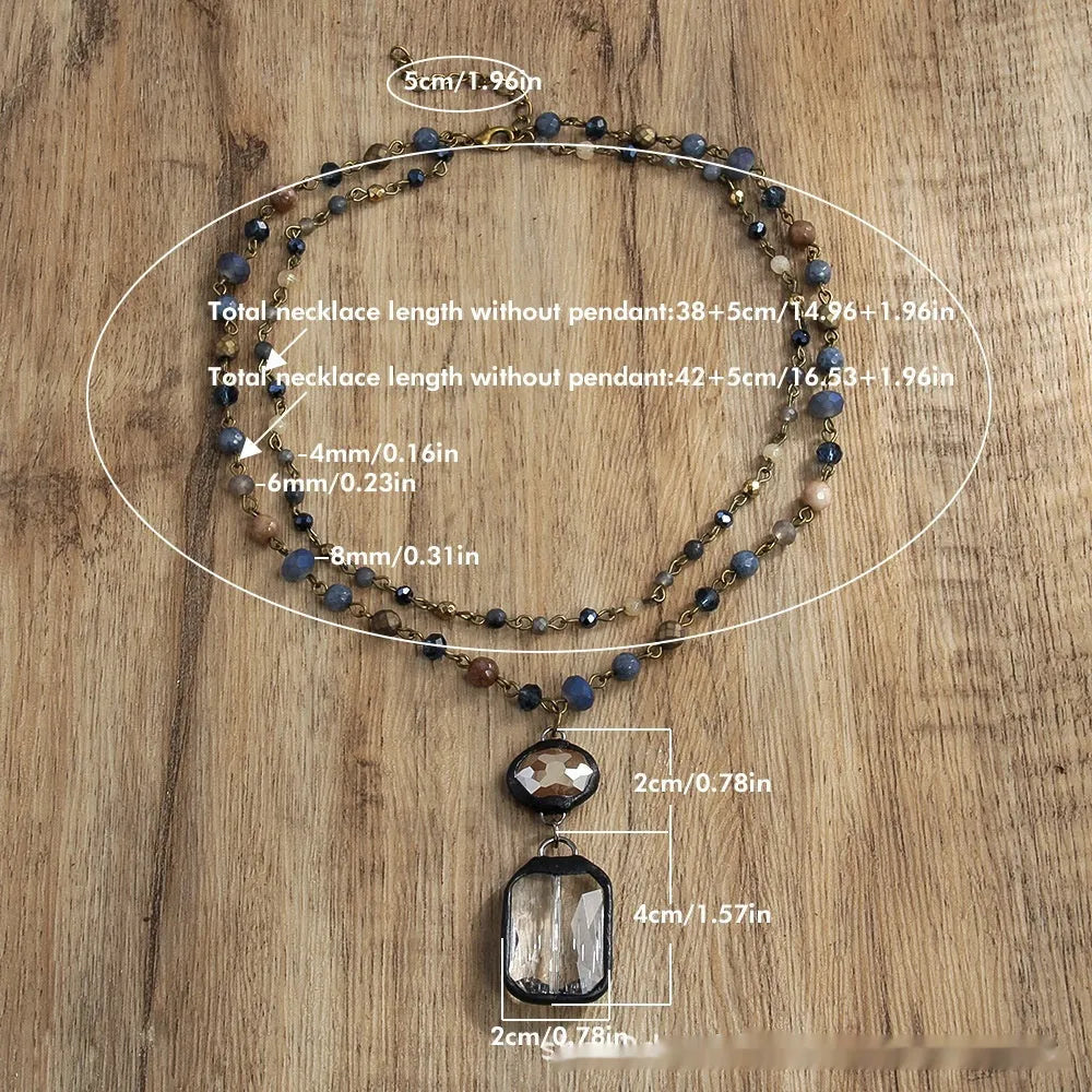 Tribal style two-layer necklace with natural stone and glass beads on alloy chain