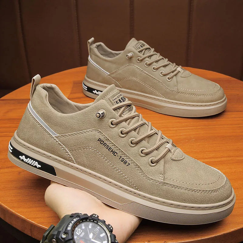 Men's low-top casual shoes in khaki with rubber soles and round-toe design for work and leisure